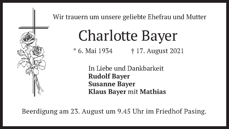  Traueranzeige für Charlotte Bayer vom 21.08.2021 aus merkurtz