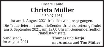Traueranzeige von Christa Müller von merkurtz