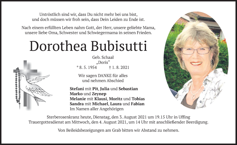  Traueranzeige für Dorothea bubisutti vom 03.08.2021 aus merkurtz
