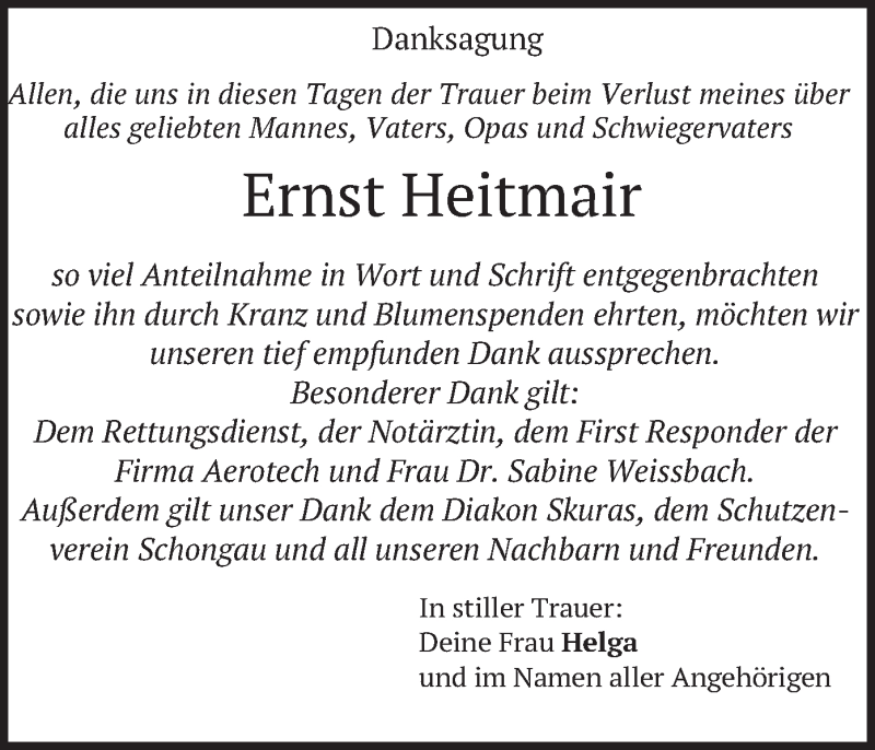  Traueranzeige für Ernst Heitmair vom 16.08.2021 aus merkurtz
