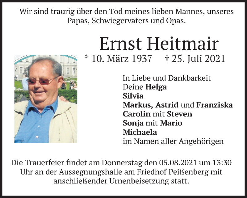  Traueranzeige für Ernst Heitmair vom 03.08.2021 aus merkurtz