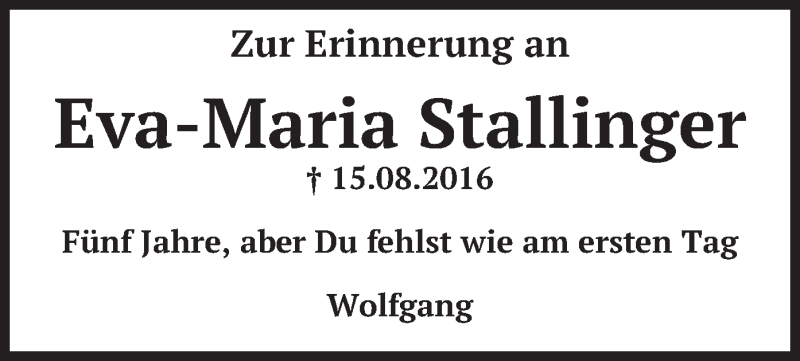  Traueranzeige für Eva-Maria Stallinger vom 14.08.2021 aus merkurtz