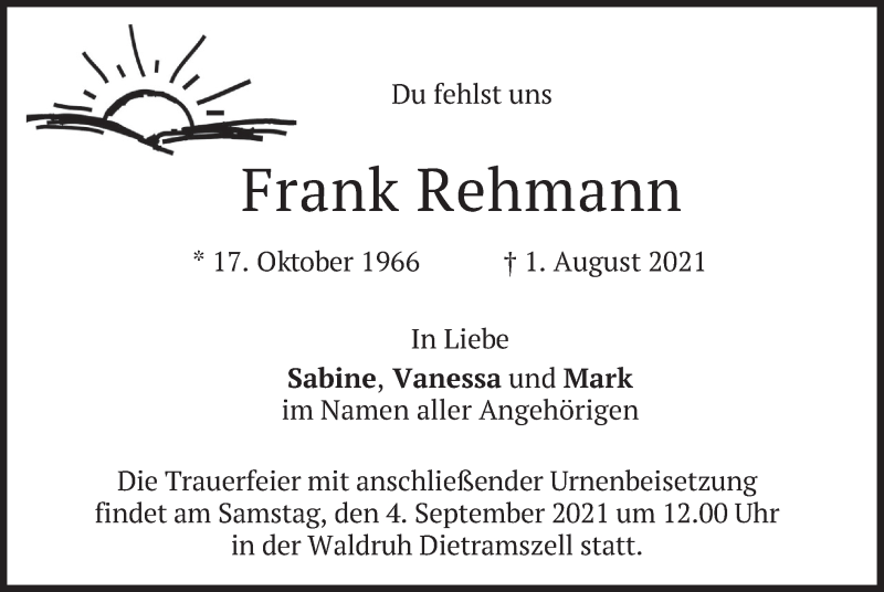  Traueranzeige für Frank Rehmann vom 28.08.2021 aus merkurtz