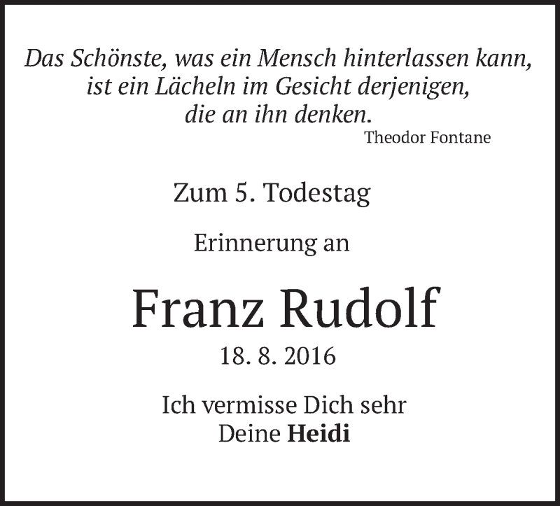  Traueranzeige für Franz Rudolf vom 18.08.2021 aus merkurtz