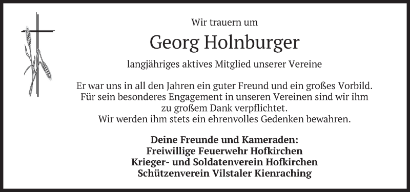  Traueranzeige für Georg Holnburger vom 07.08.2021 aus merkurtz