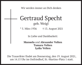Traueranzeige von Gertraud   Specht von merkurtz