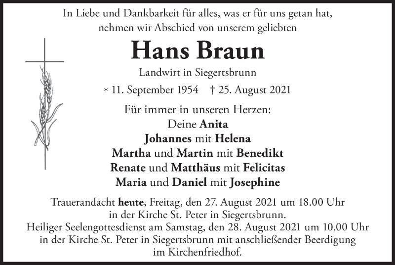  Traueranzeige für Hans Braun vom 27.08.2021 aus merkurtz