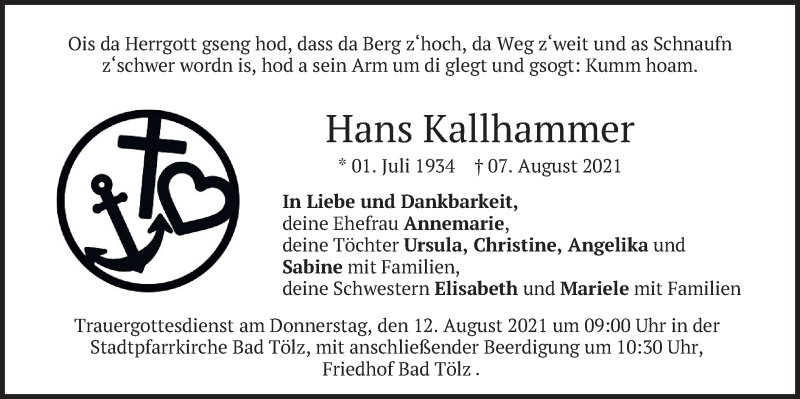  Traueranzeige für Hans Kallhammer vom 10.08.2021 aus merkurtz