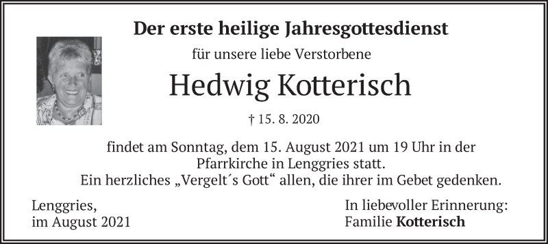  Traueranzeige für Hedwig Kotterisch vom 13.08.2021 aus merkurtz