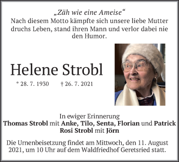 Traueranzeige von Helene Strobl von merkurtz