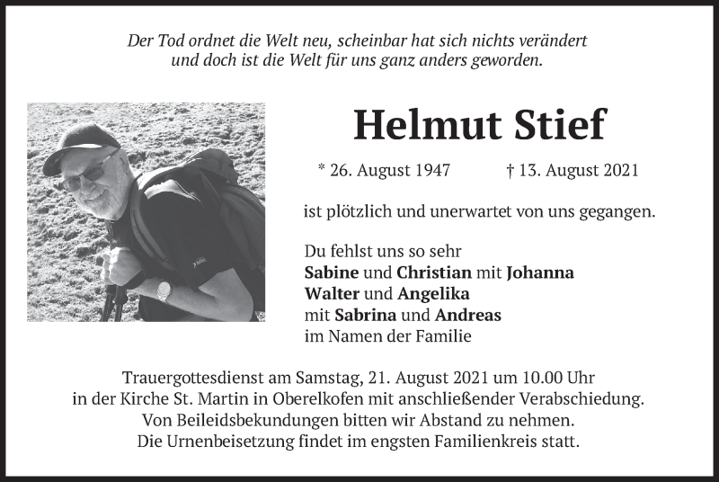  Traueranzeige für Helmut Stief vom 18.08.2021 aus merkurtz