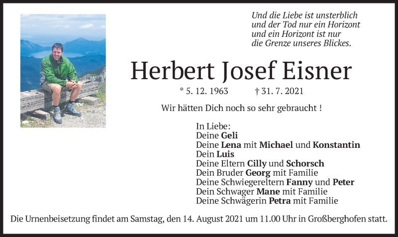  Traueranzeige für Herbert Josef Eisner vom 09.08.2021 aus merkurtz