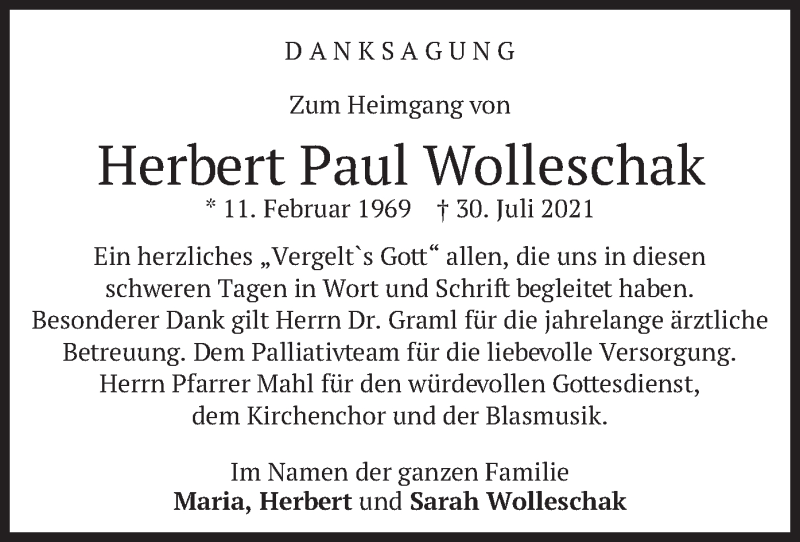  Traueranzeige für Herbert Paul Wolleschak vom 19.08.2021 aus merkurtz