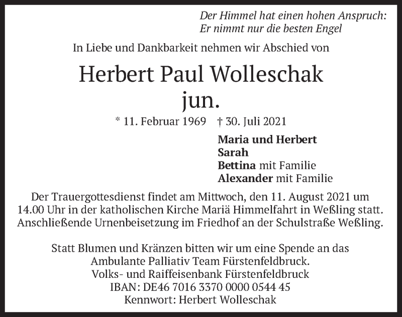  Traueranzeige für Herbert Paul Wolleschak vom 07.08.2021 aus merkurtz