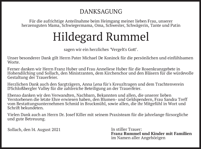  Traueranzeige für Hildegard Rummel vom 14.08.2021 aus merkurtz
