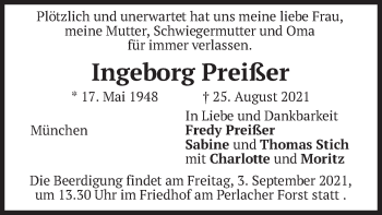 Traueranzeige von Ingeborg Preißer von merkurtz