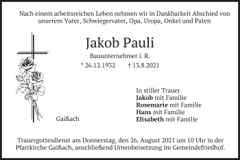 Traueranzeige von Jakob Pauli von merkurtz