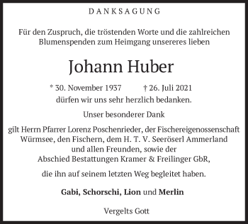 Traueranzeige von Johann Huber