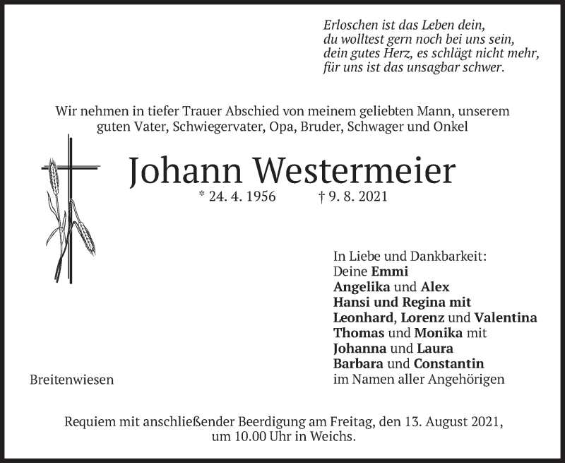  Traueranzeige für Johann Westermeier vom 11.08.2021 aus merkurtz