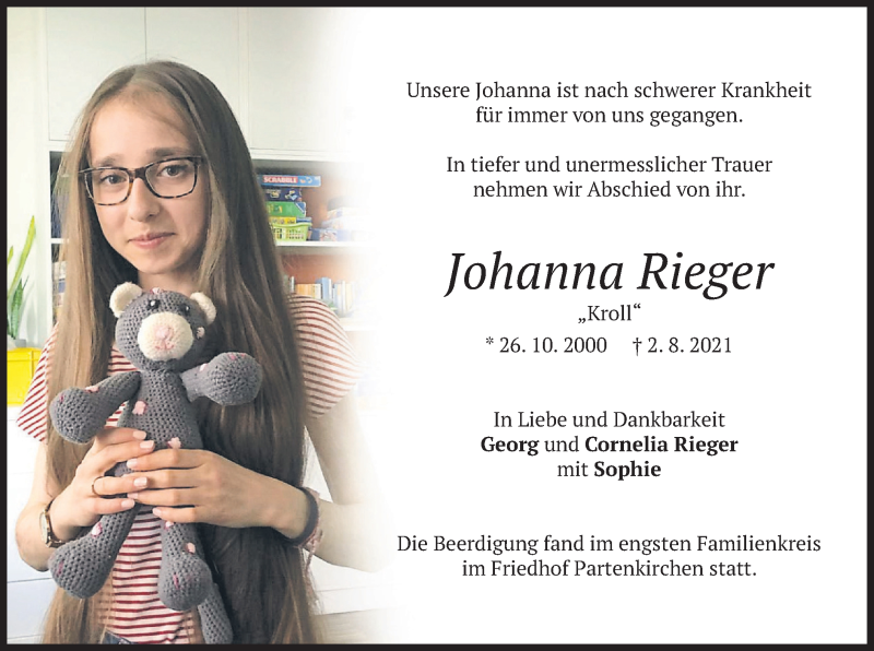 Traueranzeige für Johanna Rieger vom 07.08.2021 aus merkurtz