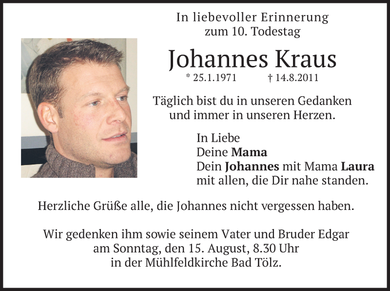  Traueranzeige für Johannes Kraus vom 14.08.2021 aus merkurtz