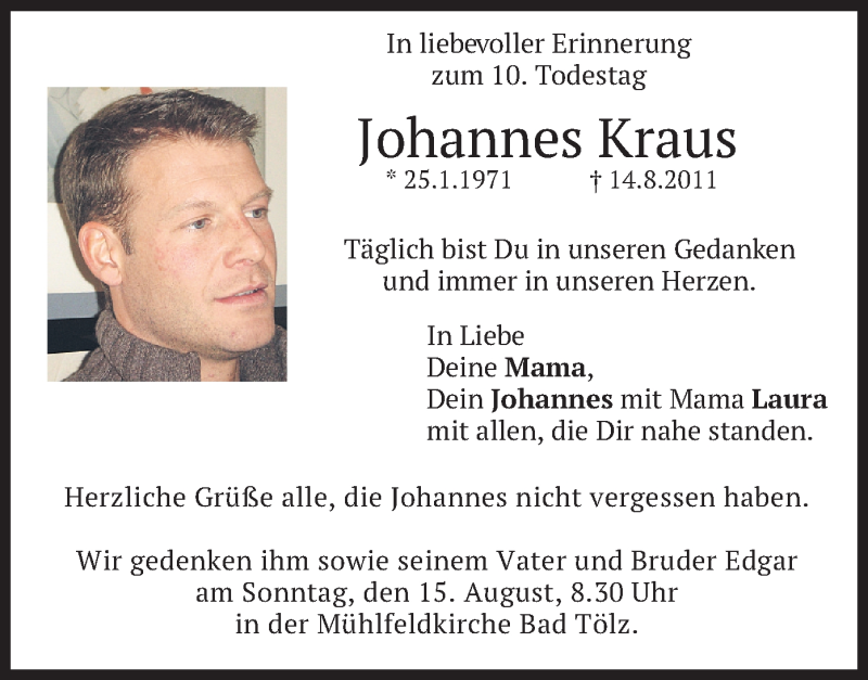  Traueranzeige für Johannes Kraus vom 14.08.2021 aus merkurtz