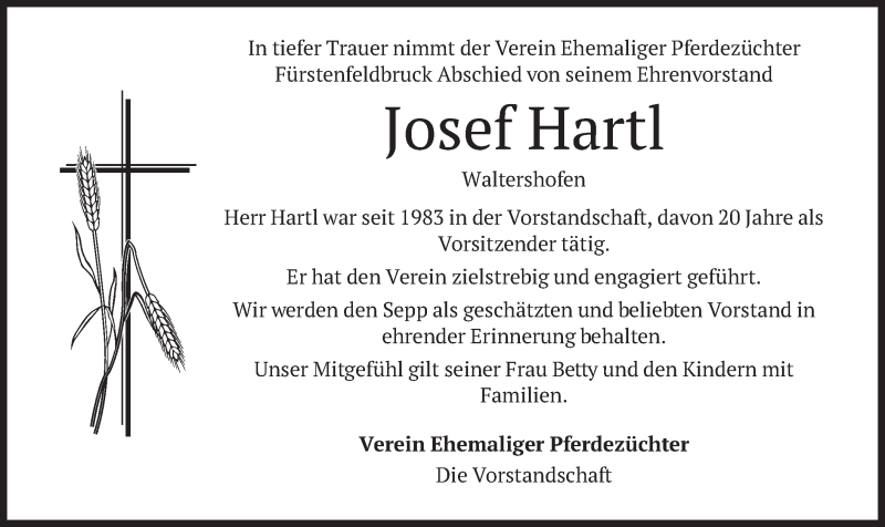 Traueranzeige für Josef Hartl vom 18.08.2021 aus merkurtz