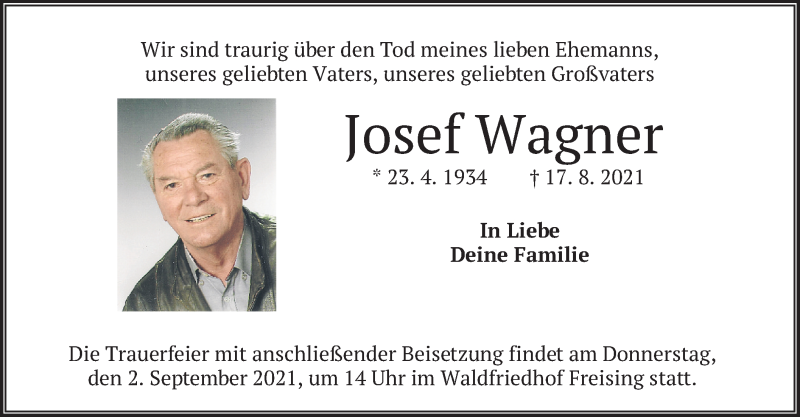  Traueranzeige für Josef Wagner vom 31.08.2021 aus merkurtz