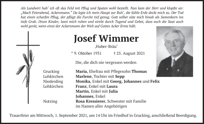  Traueranzeige für Josef Wimmer vom 28.08.2021 aus merkurtz