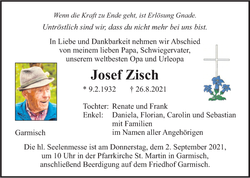  Traueranzeige für Josef Zisch vom 30.08.2021 aus merkurtz