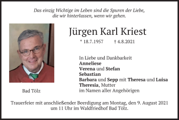 Traueranzeige von Jürgen Karl Kriest von merkurtz