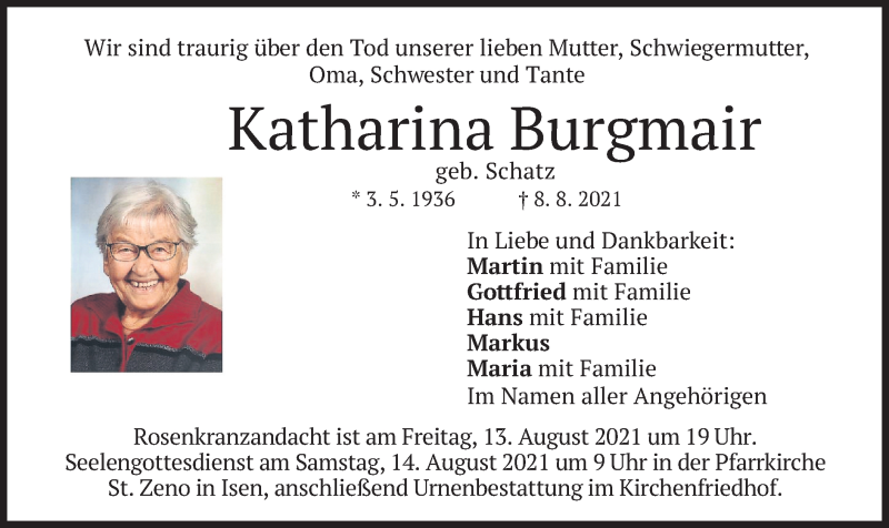  Traueranzeige für Katharina Burgmair vom 11.08.2021 aus merkurtz