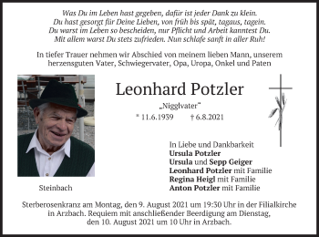 Traueranzeige von Leonhard Potzler von merkurtz
