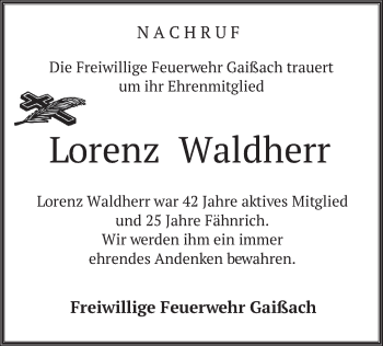 Traueranzeige von Lorenz Waldherr von merkurtz