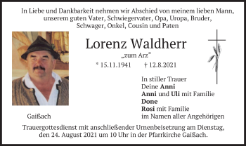 Traueranzeige von Lorenz Waldherr von merkurtz