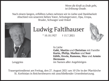 Traueranzeige von Ludwig Faltlhauser von merkurtz
