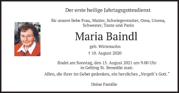 Traueranzeige von Maria Baindl von merkurtz