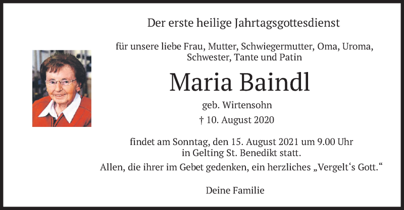  Traueranzeige für Maria Baindl vom 14.08.2021 aus merkurtz