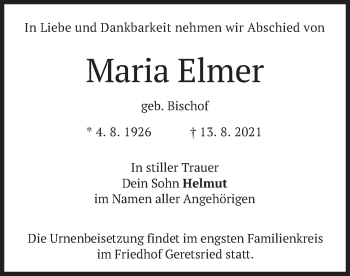 Traueranzeige von Maria Elmer von merkurtz
