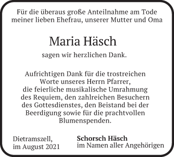 Traueranzeige von Maria Häsch von merkurtz