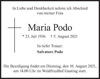 Traueranzeige von Maria Podo von merkurtz