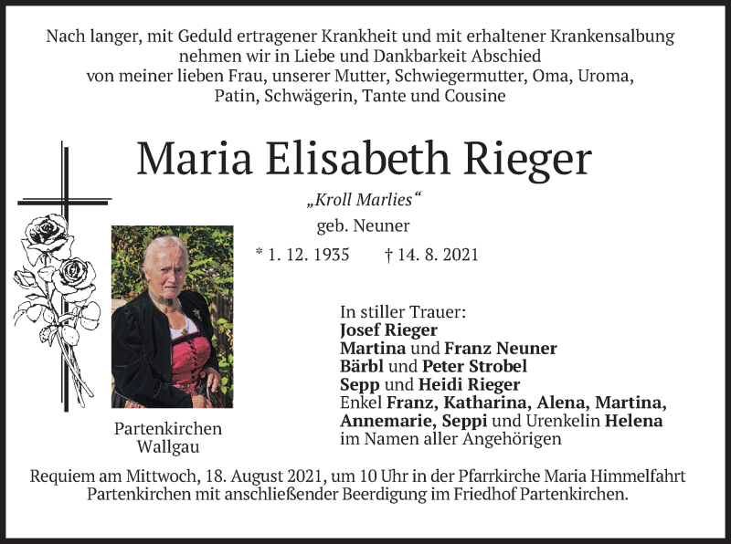 Traueranzeige für Maria Elisabeth Rieger vom 17.08.2021 aus merkurtz
