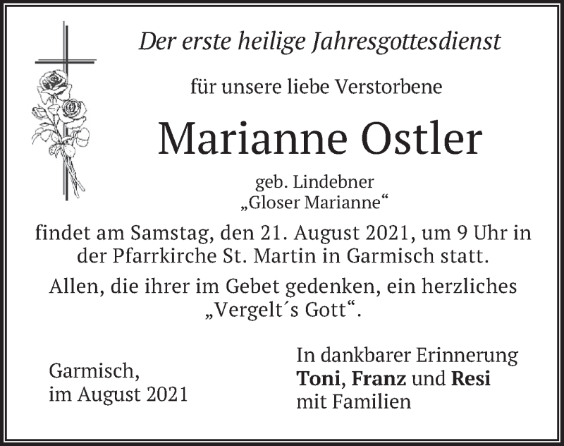  Traueranzeige für Marianne Ostler vom 14.08.2021 aus merkurtz