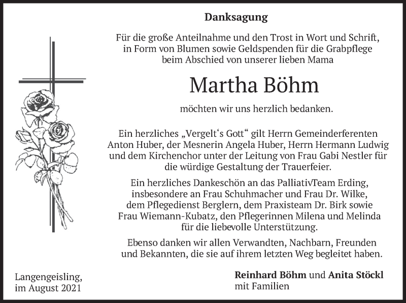  Traueranzeige für Martha Böhm vom 07.08.2021 aus merkurtz