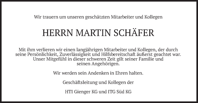  Traueranzeige für Martin Schäfer vom 06.08.2021 aus merkurtz