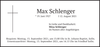 Traueranzeige von Max Schlenger von merkurtz
