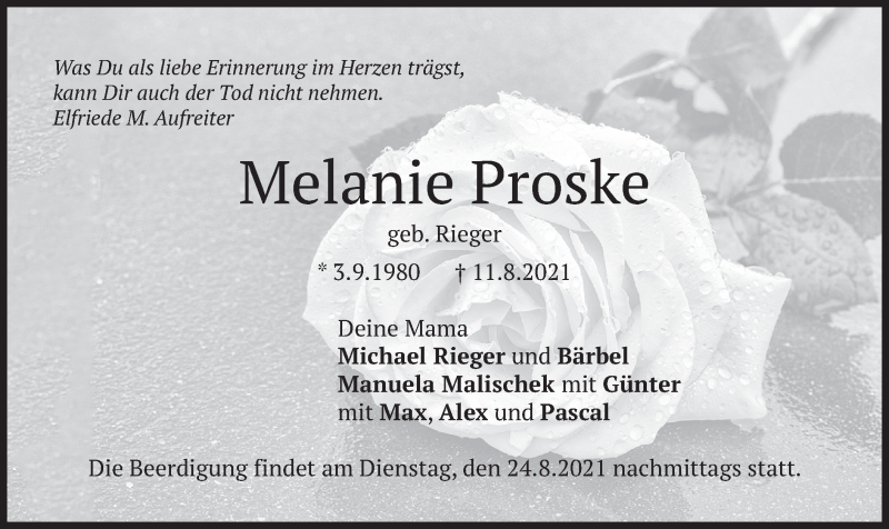  Traueranzeige für Melanie Proske vom 14.08.2021 aus merkurtz