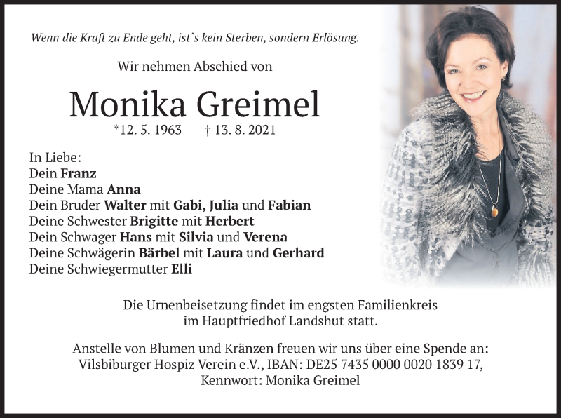  Traueranzeige für Monika Greimel vom 19.08.2021 aus merkurtz