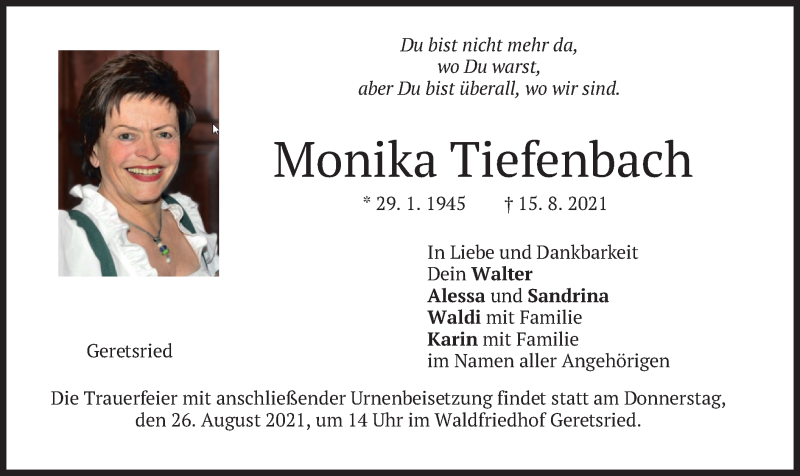  Traueranzeige für Monika Tiefenbach vom 21.08.2021 aus merkurtz