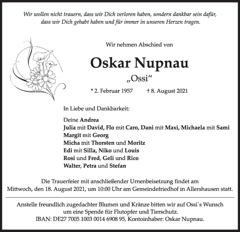  Traueranzeige für Oskar Nupnau vom 14.08.2021 aus merkurtz